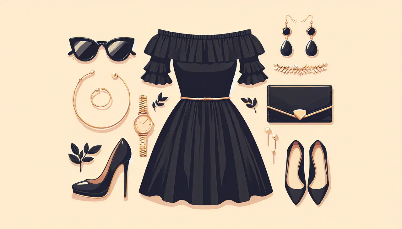 Draw a graphic in flat design style. Illustrate a flat design image featuring a black off-shoulder dress surrounded by five accessories: high heels, a clutch, statement earrings, a bracelet, and sunglasses.