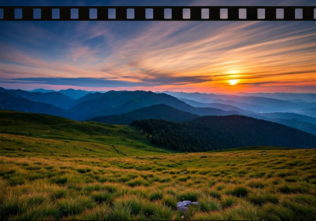 A scenic landscape with an inspiring sunrise over mountains. 35mm stock photo