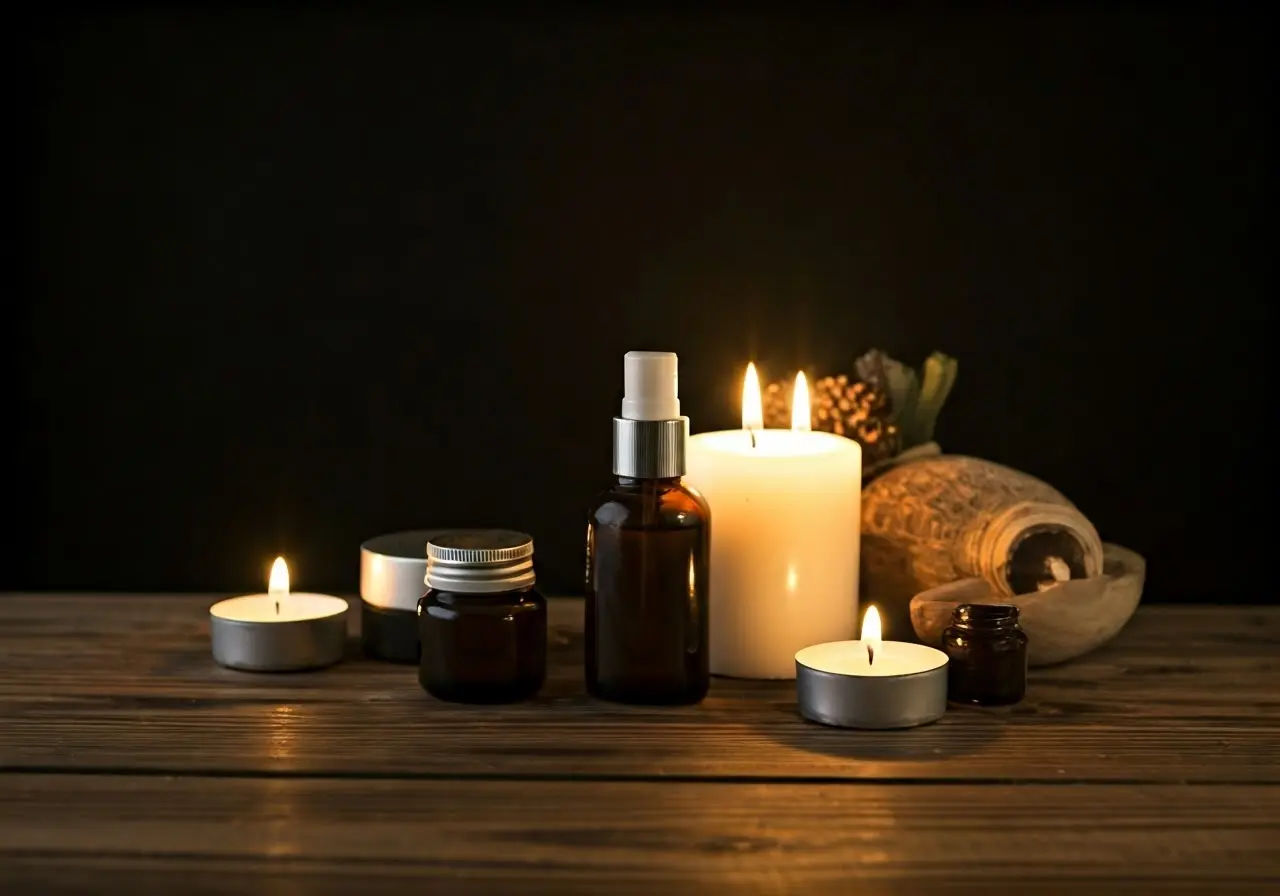 A serene spa scene with candles and natural skincare products. 35mm stock photo