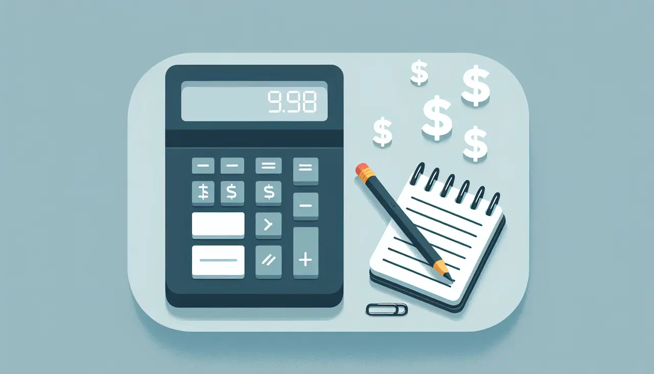 Draw a graphic in flat design style. A minimalist flat design of a calculator, notebook, and pencil on a desk with dollar signs in the background, symbolizing bookkeeping essentials.