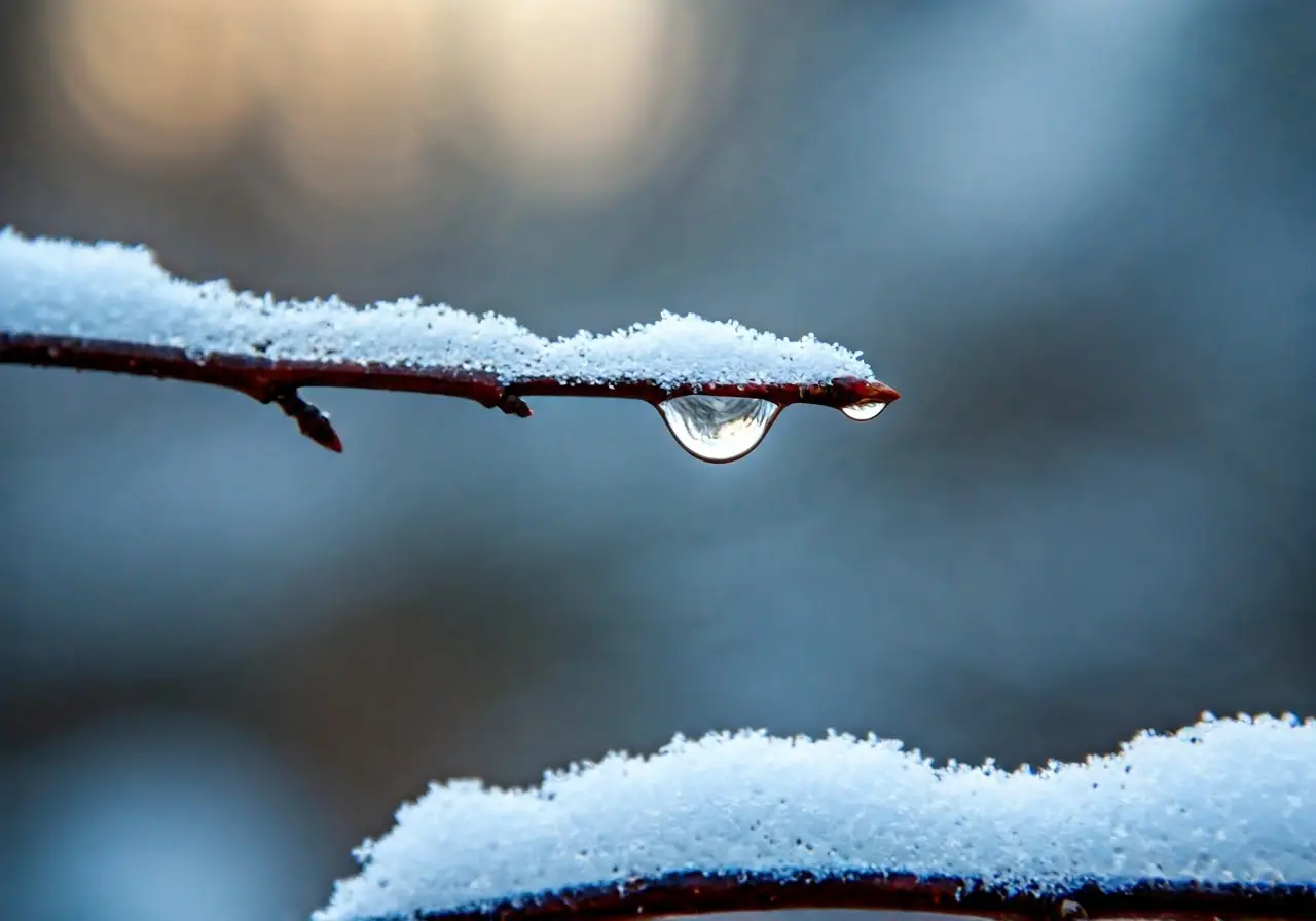 A water droplet on a snowy branch. 35mm stock photo