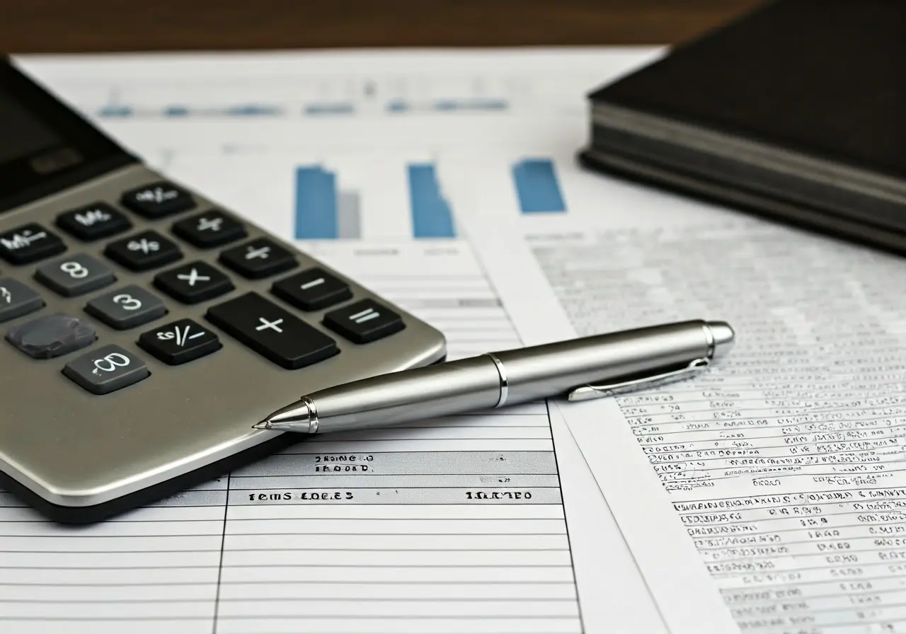 A calculator, pen, and financial documents on a desk. 35mm stock photo