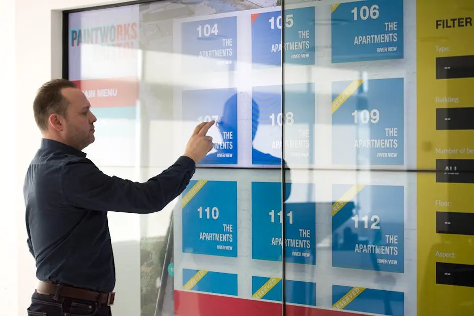 A man in a black shirt looking at a digital screen showing apartments for rent in Bristol.