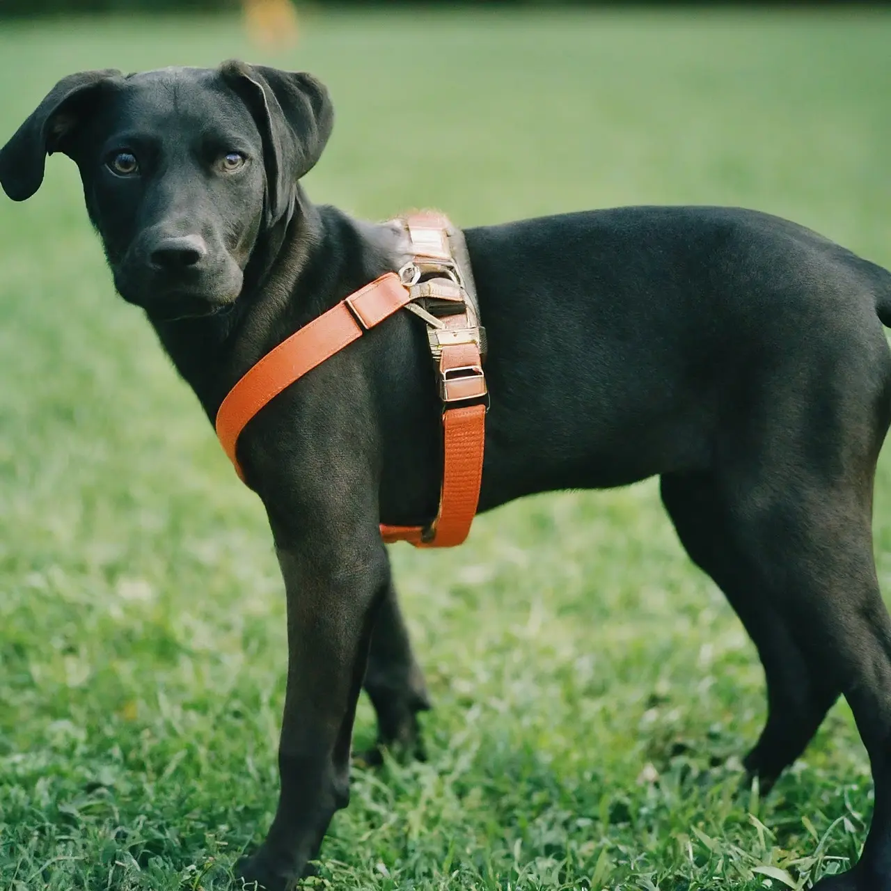 A cute puppy wearing a training harness. 35mm stock photo