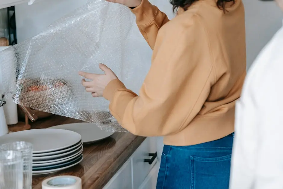 Woman in Beige Long Sleeve Shirt Wrapping Plates With Bubble Wrap