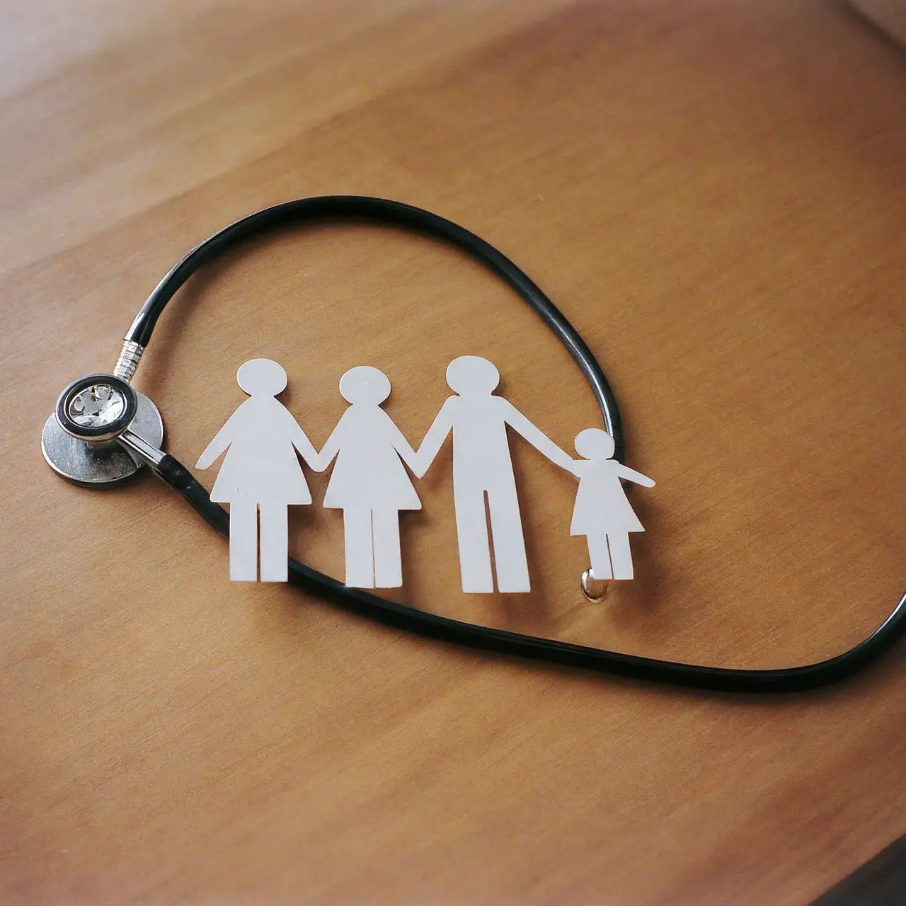 A stethoscope and a family-shaped paper cutout on a table. 35mm stock photo