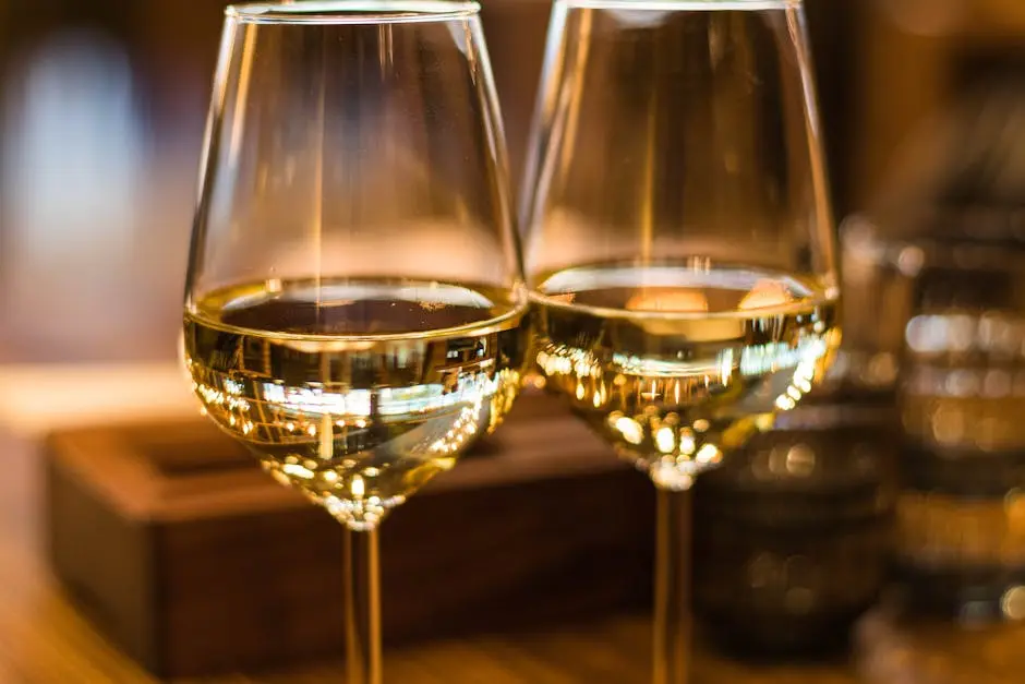 Two elegant wine glasses filled with white wine, captured with a beautiful bokeh effect.