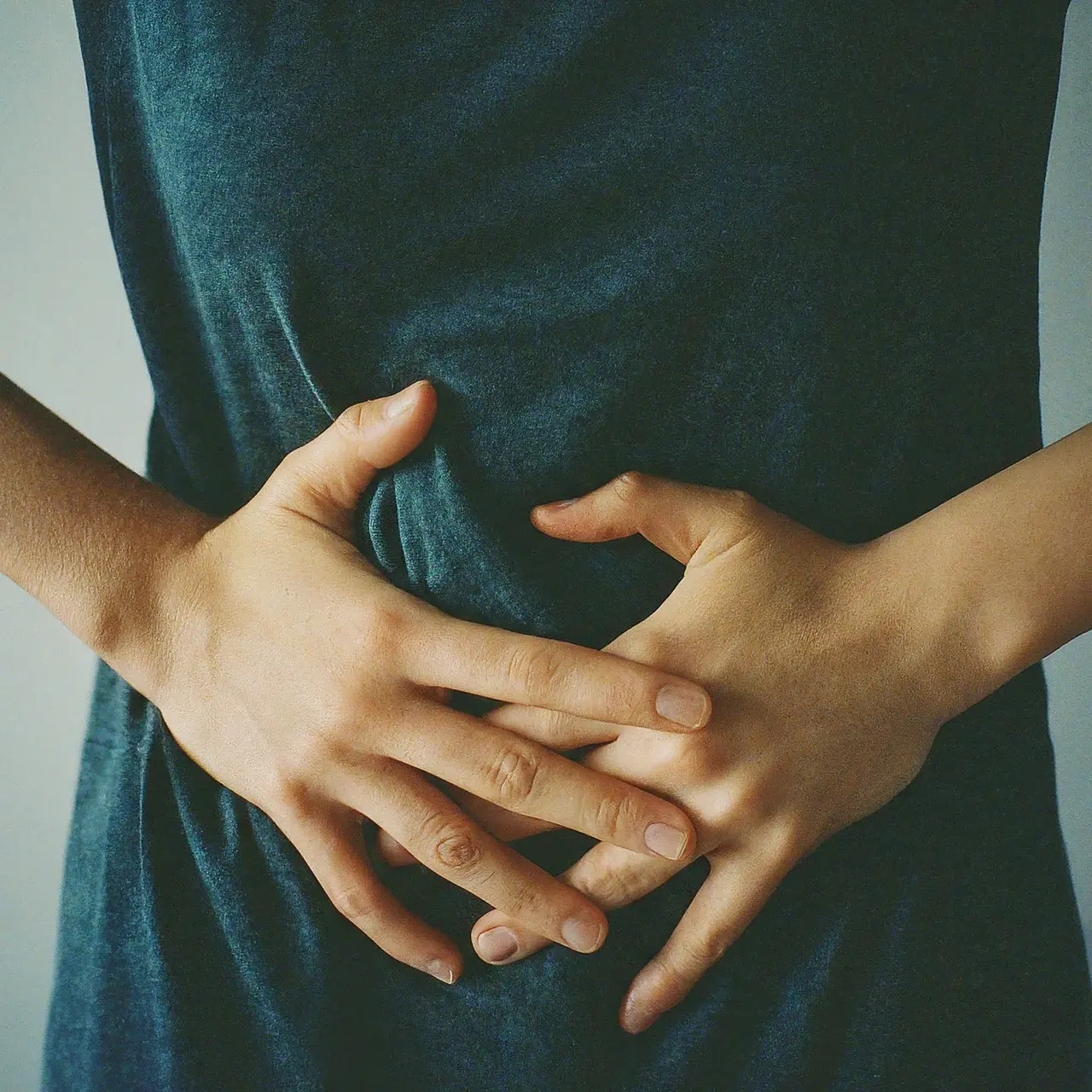 A person holding their stomach with a concerned expression. 35mm stock photo