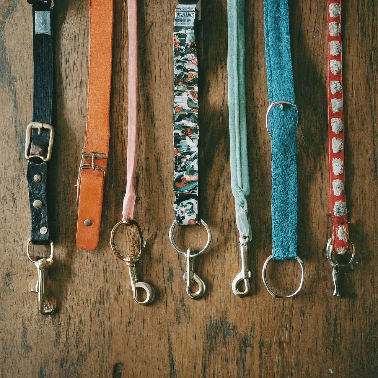 A variety of colorful dog collars on a wooden background. 35mm stock photo