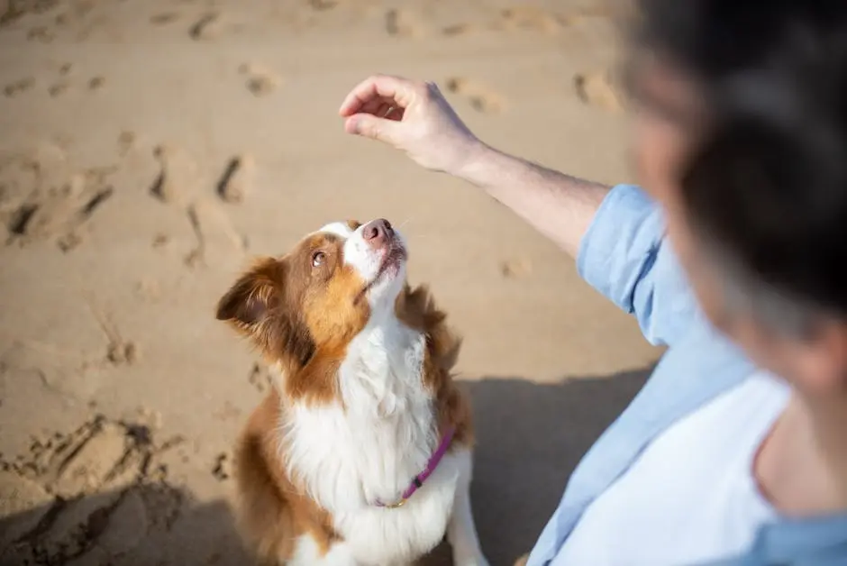 Brown and white dog focused on a hand signal during training on a sandy beach.