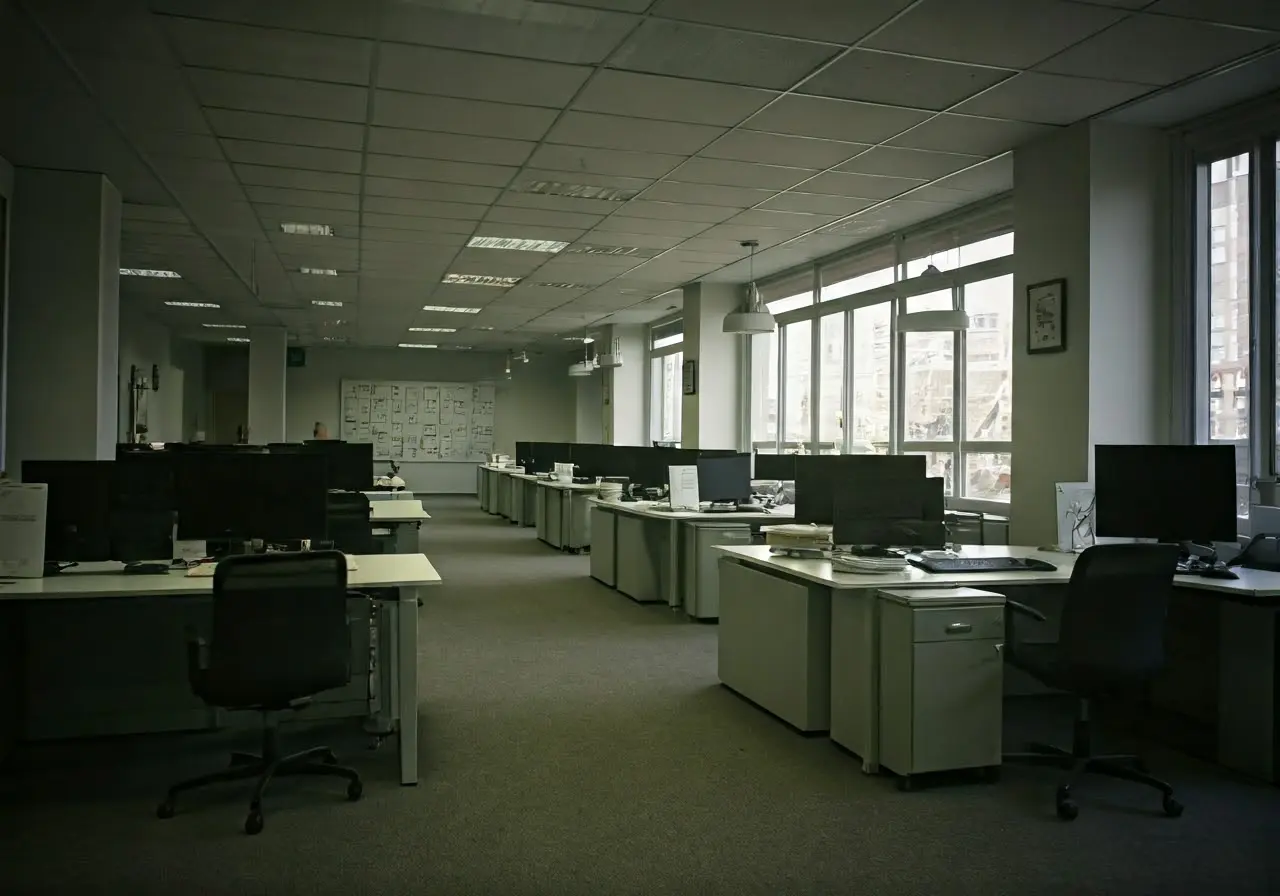 Clean, organized office space with gleaming surfaces and tidy desks. 35mm stock photo