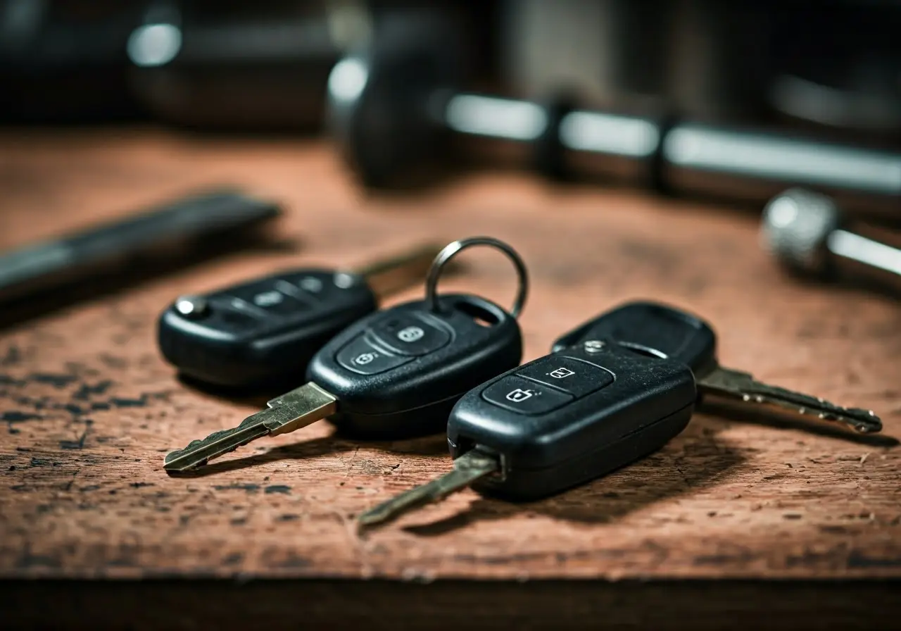 A close-up of car keys on a locksmith’s workbench. 35mm stock photo