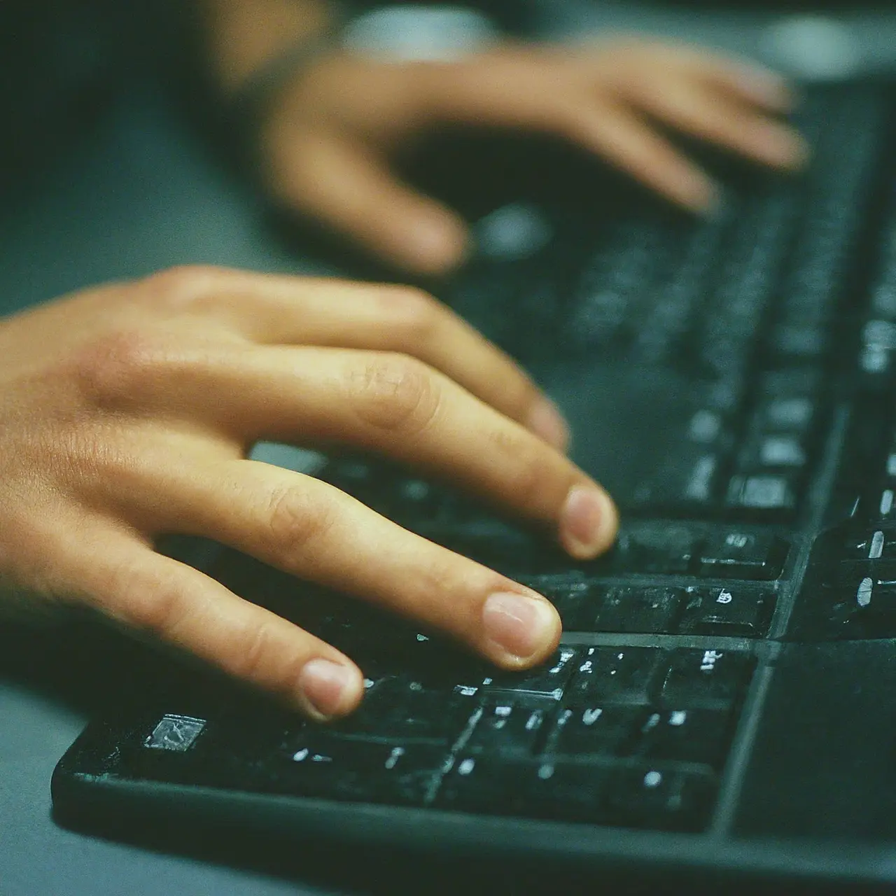 Close-up of a technician’s hands working on a computer. 35mm stock photo