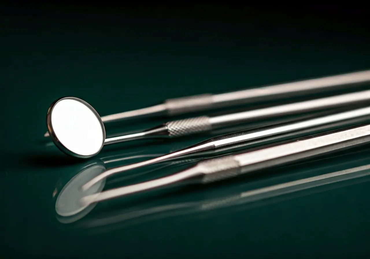 A close-up of dental tools on a clean, reflective surface. 35mm stock photo