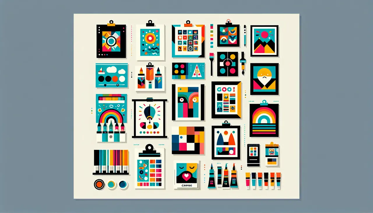 Draw a graphic in flat design style. Illustrate a row of colorful, distinct art print types including canvas, poster, and more, with labels below each.