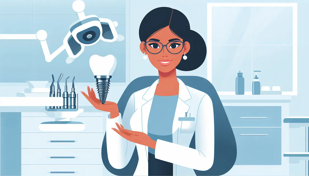 Draw a graphic in flat design style. A confident dentist in a lab coat holding a dental implant model, with a sterile dental office background.