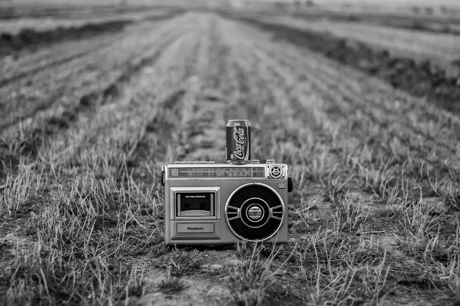 Grayscale Photo of Analog Radio on a Field