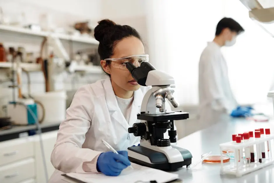 A scientist in a lab coat using a microscope in a modern laboratory setting.