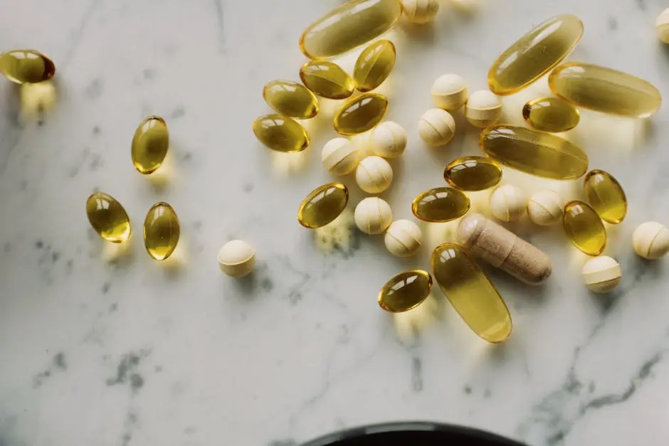 Variety of supplements and capsules scattered on a marble surface, suitable for healthcare themes.