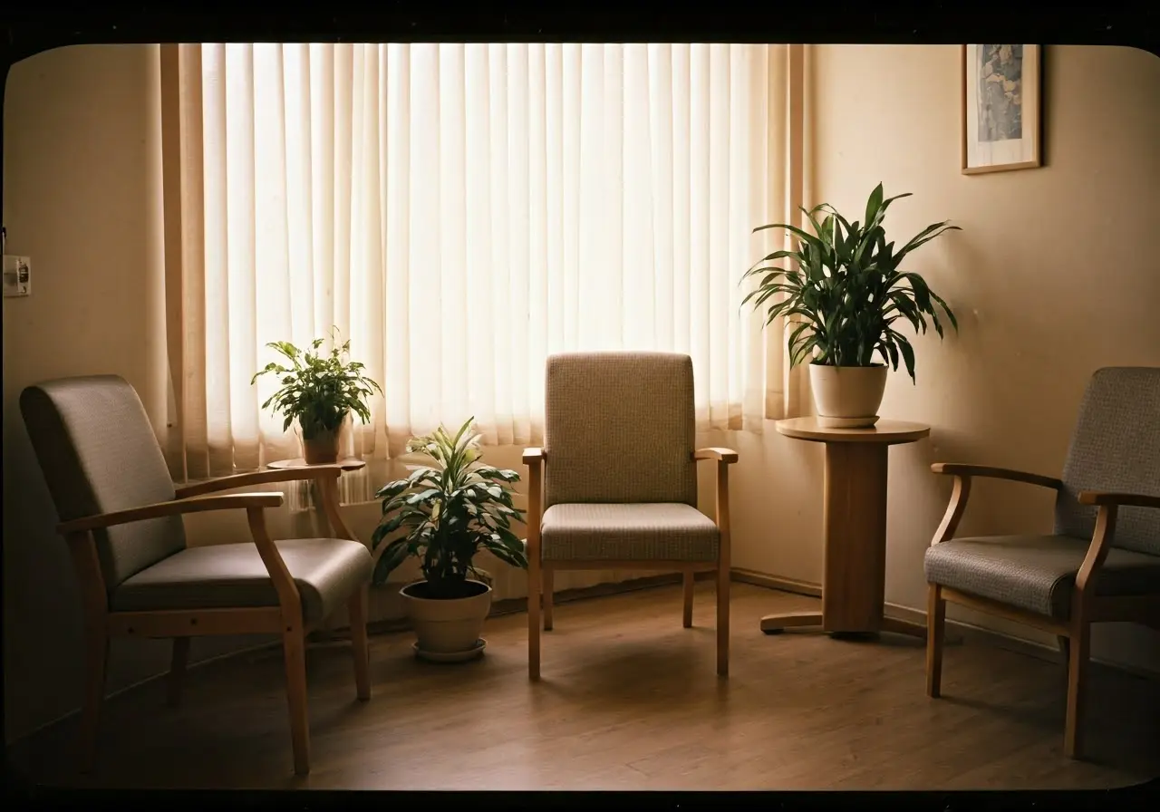 Cozy hospice room with soft lighting and potted plants. 35mm stock photo