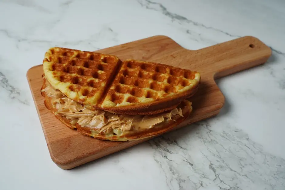 Homemade Sweet Waffles on Wooden Board