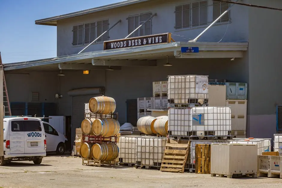 Outdoor view of a brewery with stacked barrels and a delivery van showcasing industrial beer production.