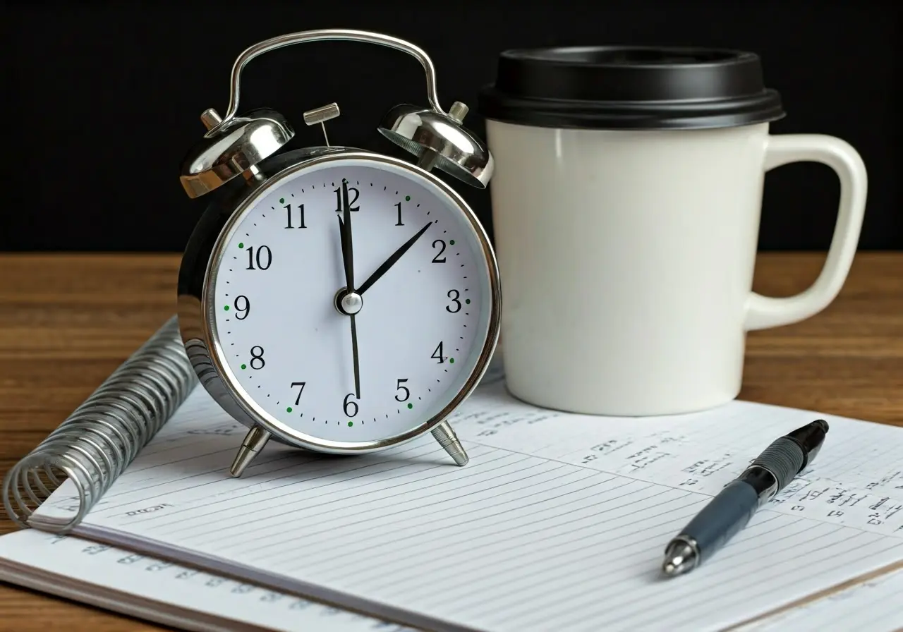 A clock next to exam notes and a coffee cup. 35mm stock photo