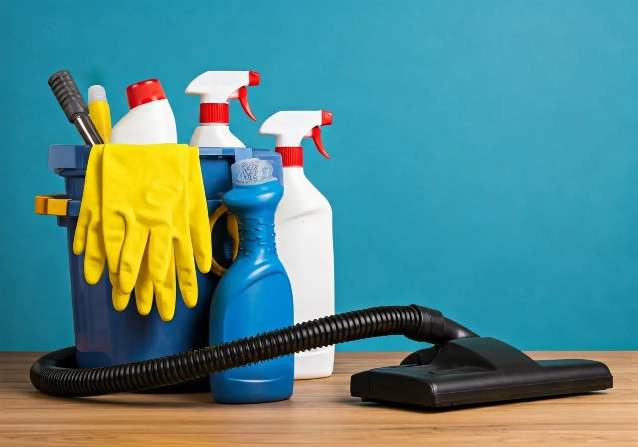 A cleaner’s toolkit with cleaning supplies and vacuum. 35mm stock photo