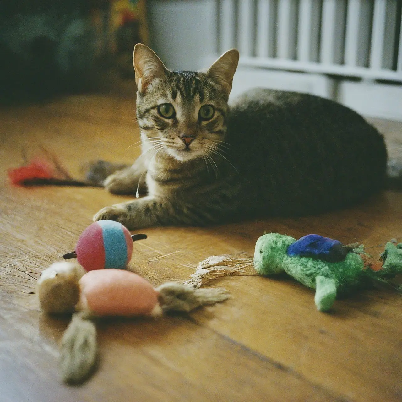 A playful cat with various toys on a living room floor. 35mm stock photo