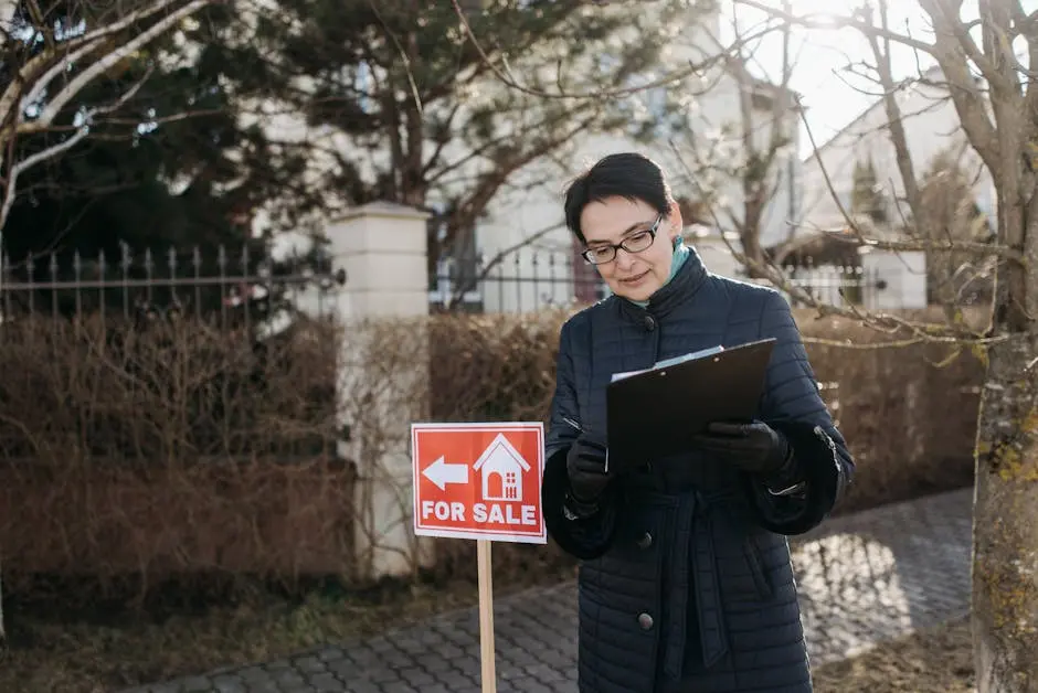 Real estate agent in winter jacket inspecting a house for sale with a clipboard outdoors.