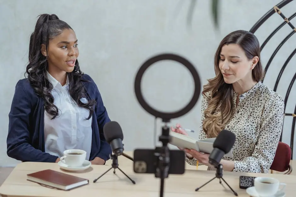 Two women conducting a podcast interview with microphones and coffee.