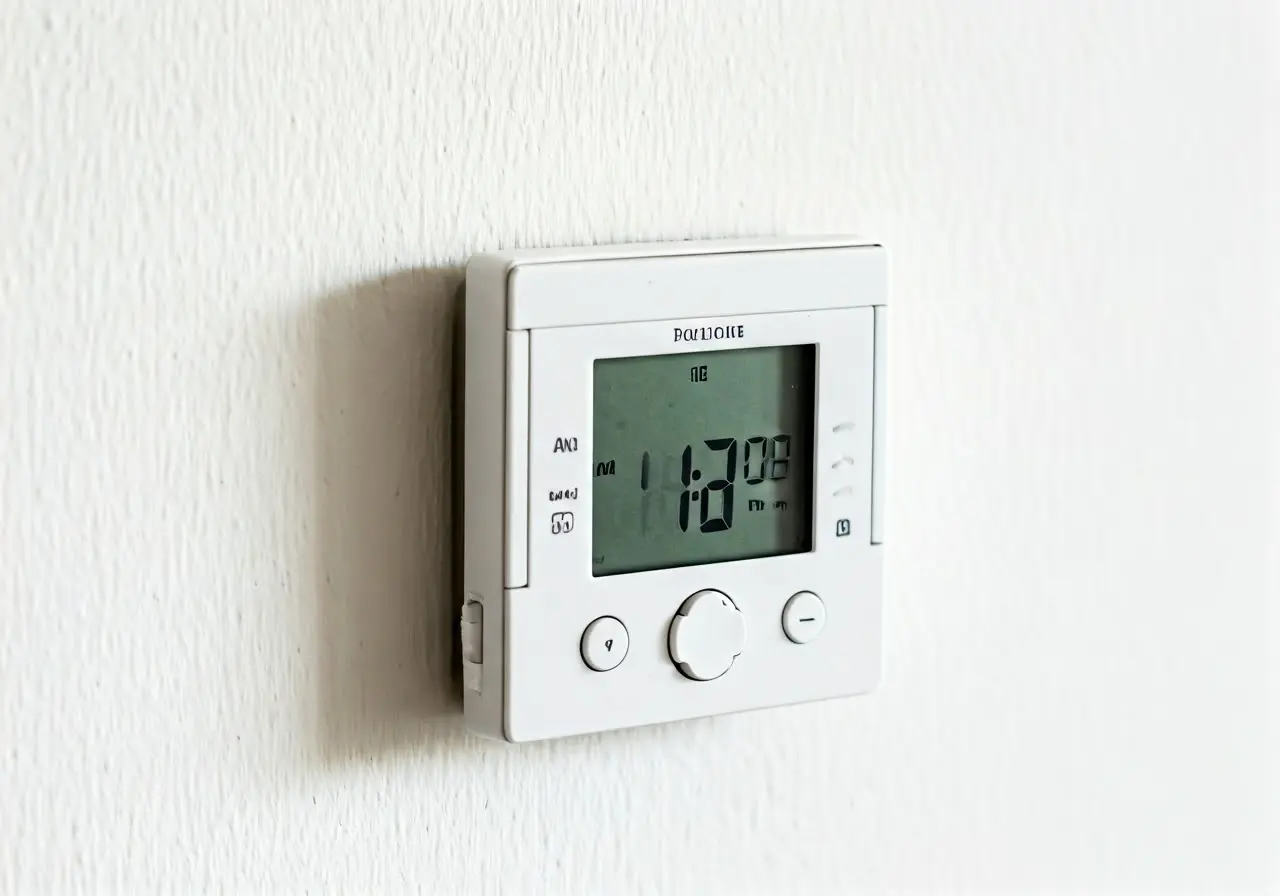 A modern programmable thermostat mounted on a white wall. 35mm stock photo