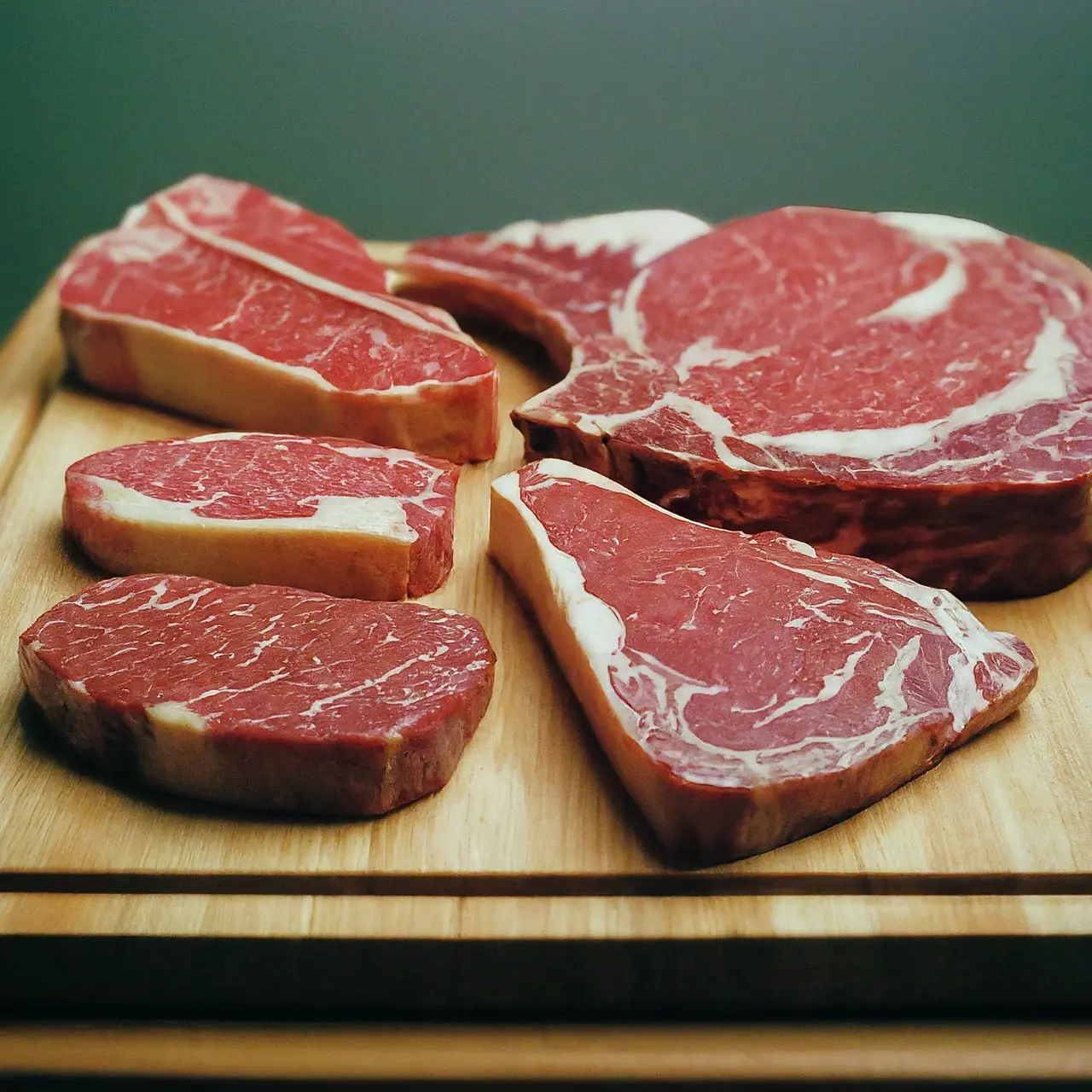 Various cuts of beef displayed on a wooden cutting board. 35mm stock photo