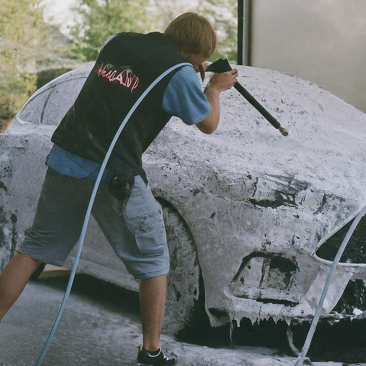 A foam cannon covering a car in soapy suds. 35mm stock photo