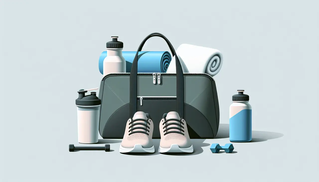 Draw a graphic in flat design style. A minimalist gym bag with neatly arranged essentials like a water bottle, sneakers, towel, and protein shake bottle on a clean background.