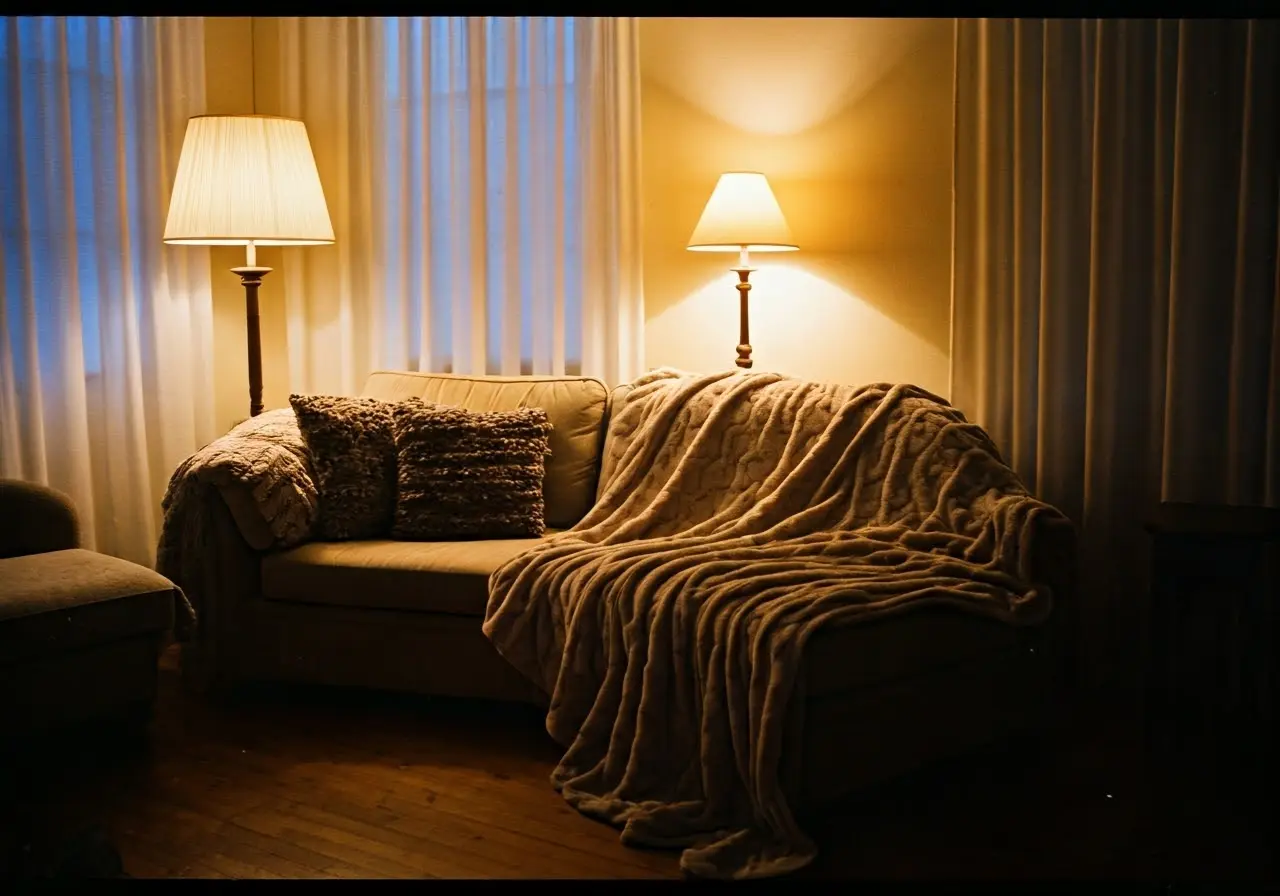 A cozy living room with soft lighting and fluffy blankets. 35mm stock photo