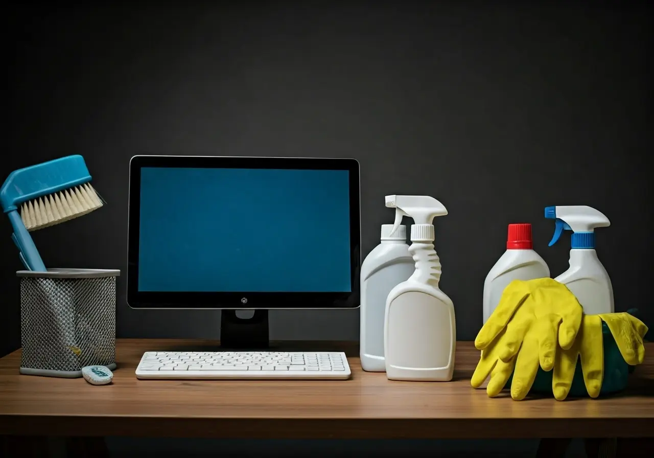 Pristine desk with cleaning supplies neatly arranged around computer. 35mm stock photo