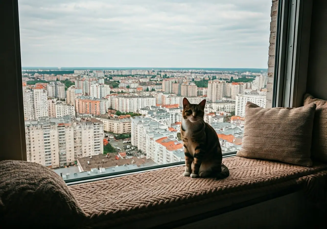 A cat sitting on a cozy window seat overlooking a city. 35mm stock photo