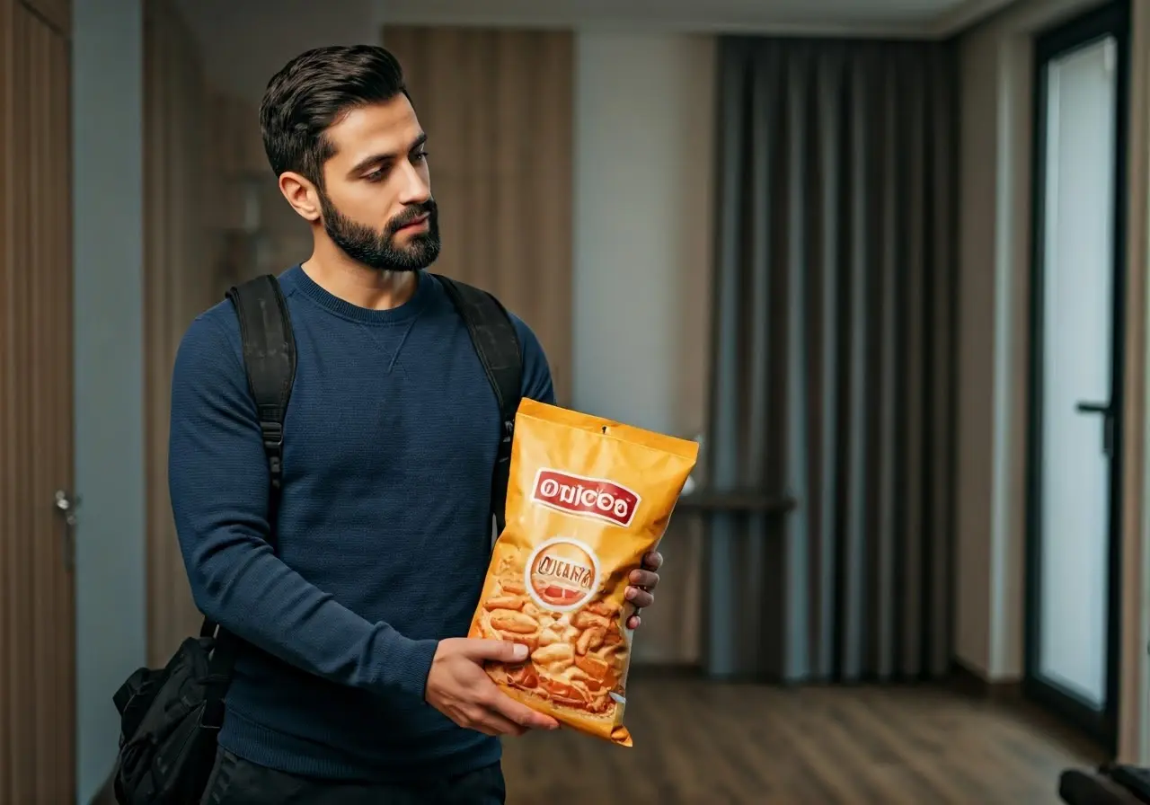 A courier delivering a snack bag to a modern apartment. 35mm stock photo