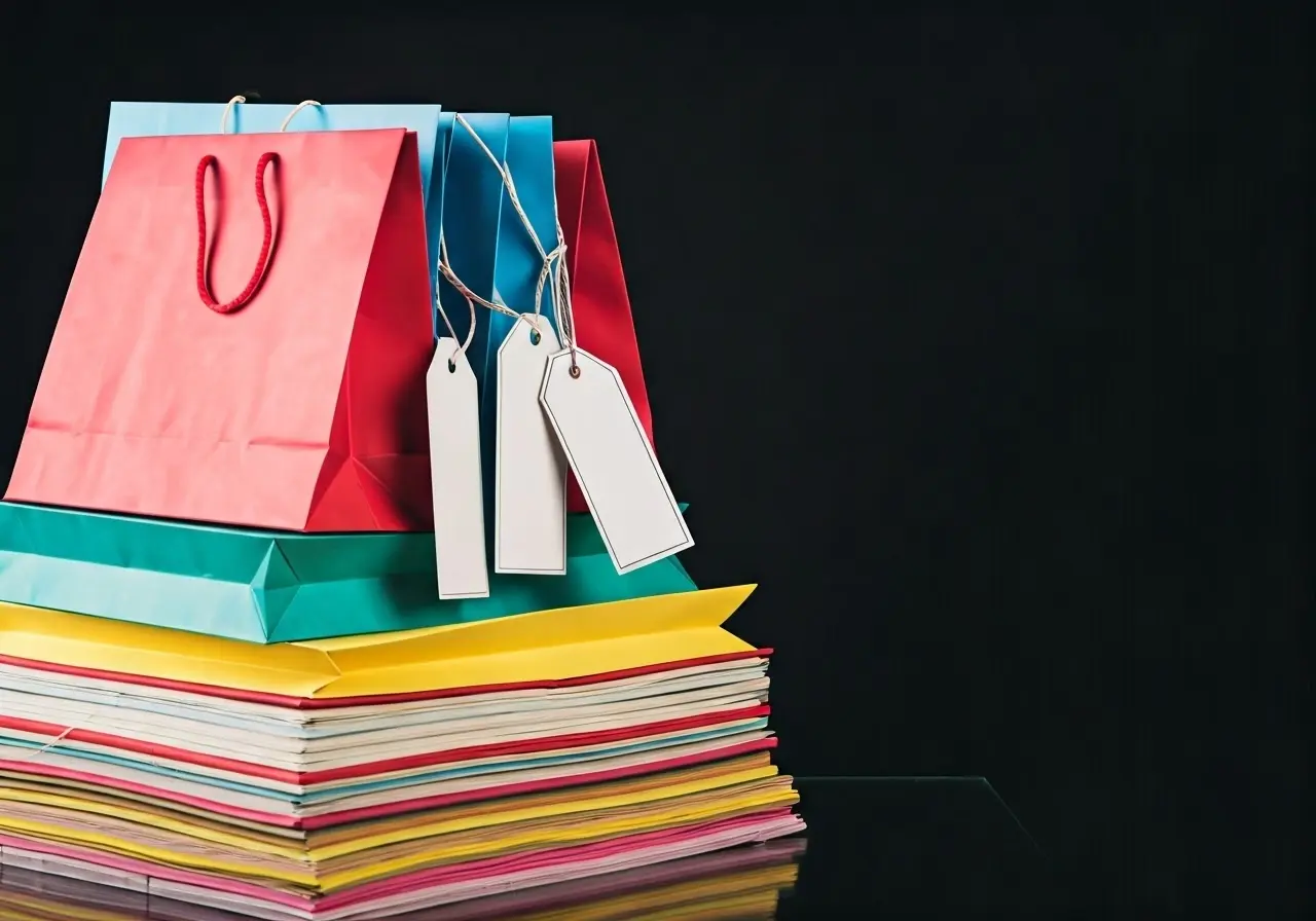 A stack of colorful shopping bags with return policy tags. 35mm stock photo