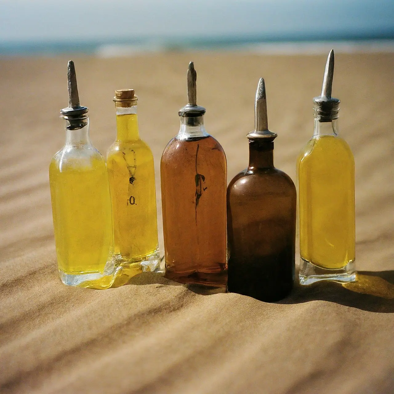 An assortment of summer oil bottles on a sandy beach. 35mm stock photo