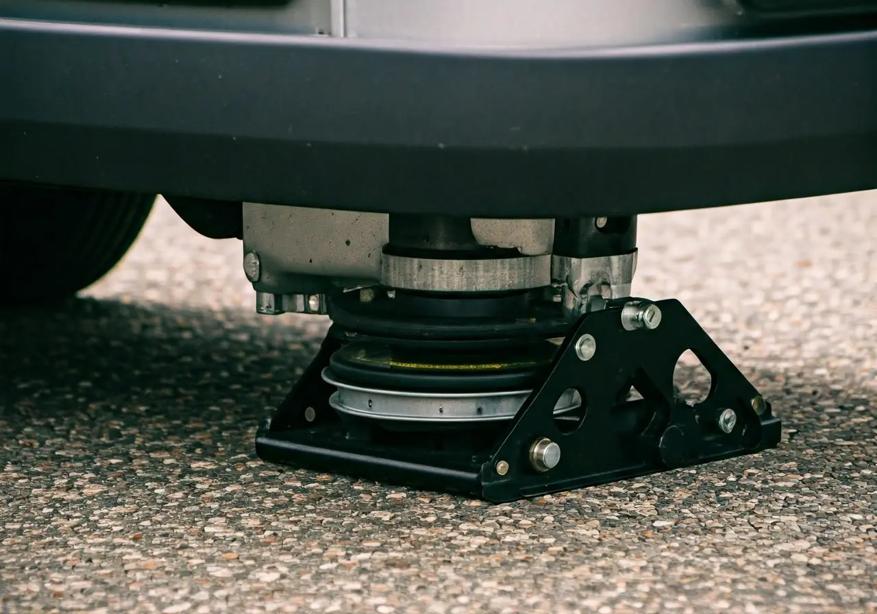 A close-up of RV leveling jacks in use. 35mm stock photo