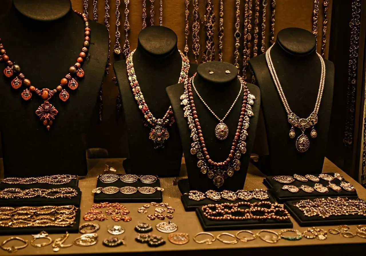 A display of traditional Palestinian jewelry in a New York boutique. 35mm stock photo