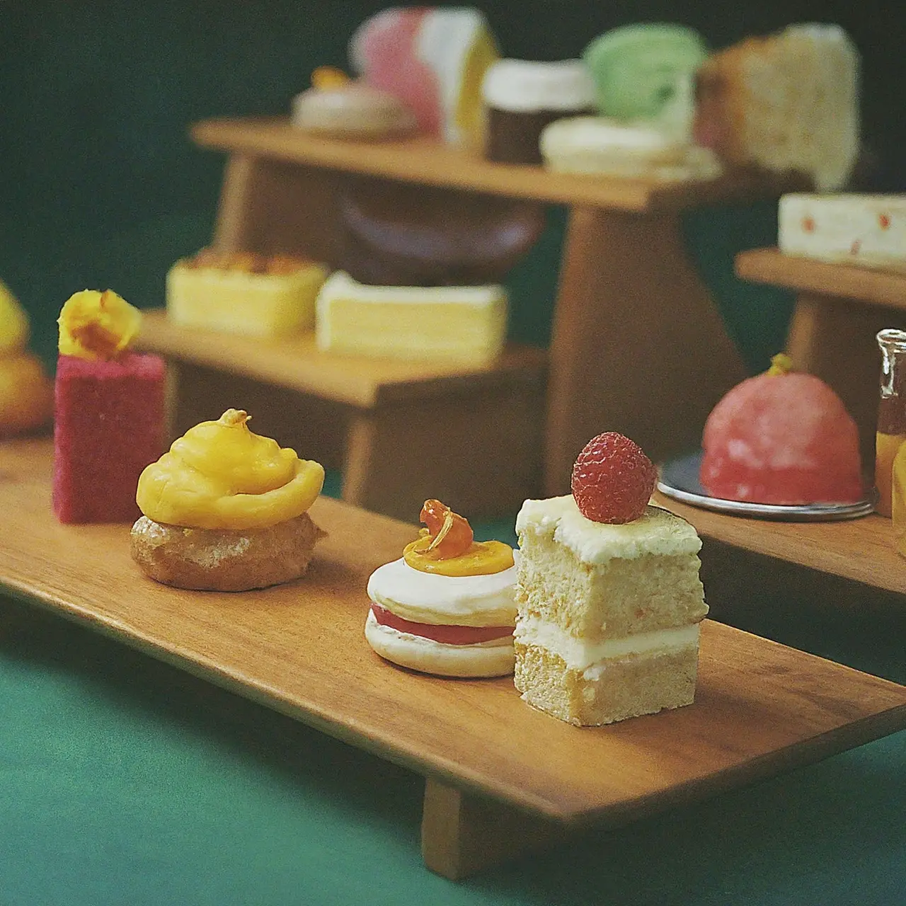 A colorful display of various Asian fusion desserts. 35mm stock photo