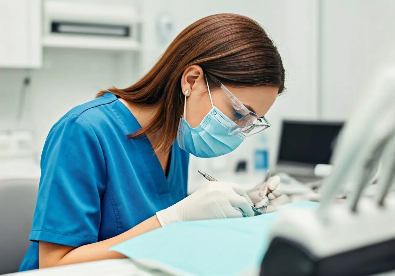 Dentist working on dental restoration in a modern clinic. 35mm stock photo