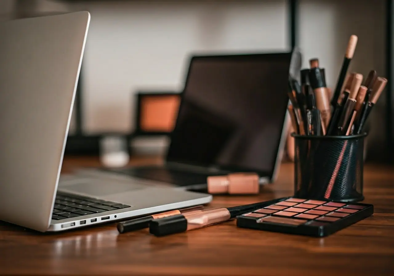 A stylish desk setup with makeup products and a laptop. 35mm stock photo