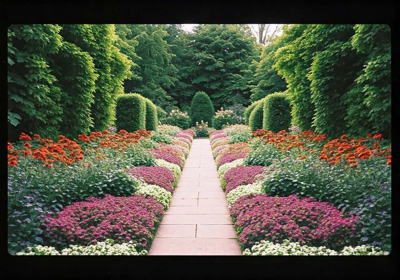 A serene garden with colorful flowers and tranquil pathways. 35mm stock photo