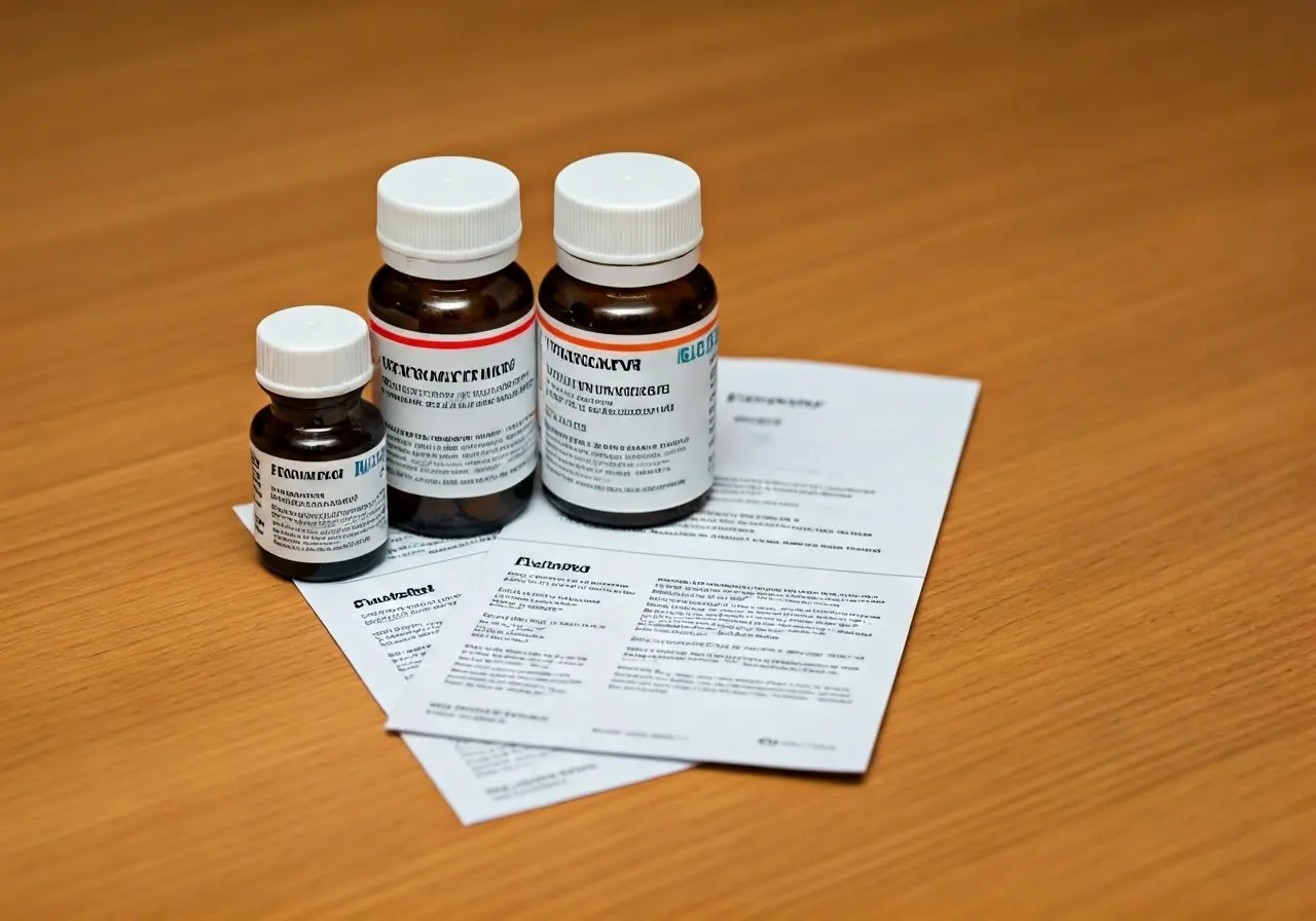 Medication bottles and therapy brochures on a wooden desk. 35mm stock photo