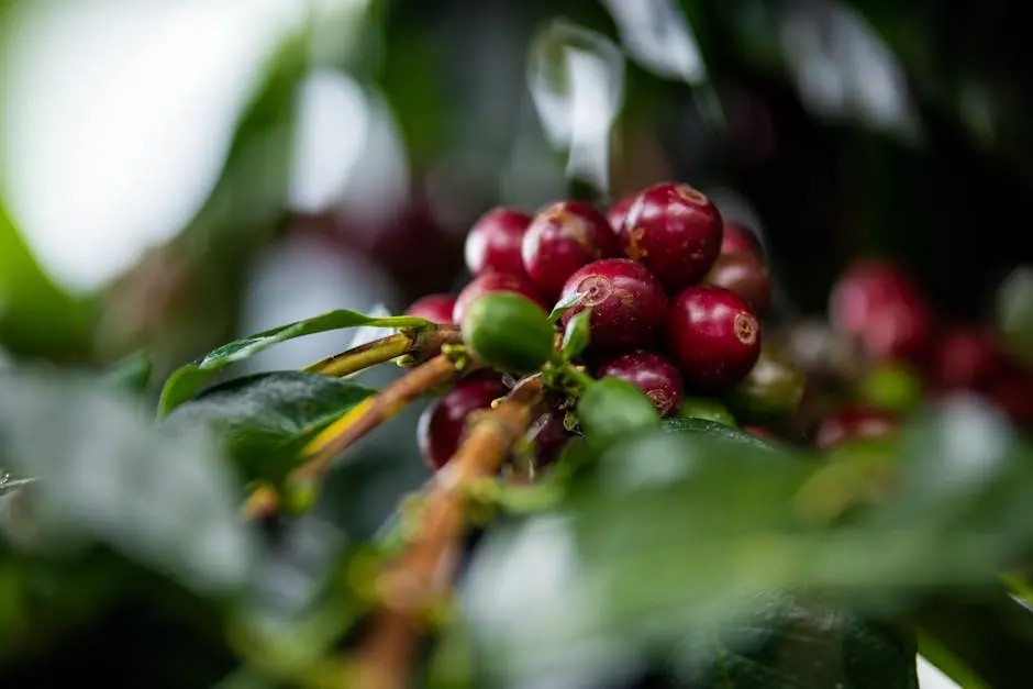 Vibrant red coffee cherries on the branch in San Ramón, Peru, showcasing nature’s bounty.