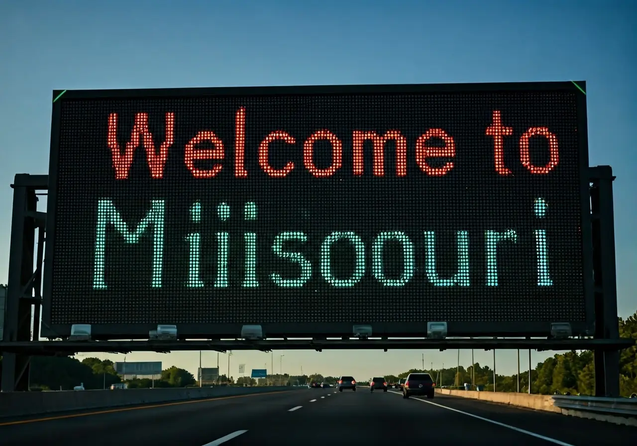 Colorful LED sign displaying Welcome to Missouri on a highway. 35mm stock photo